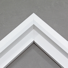 Unique geometric 1 " floater. The face of this molding features an off center peak which gives it a unique contrast in the right lighting.  This frame comes in Matte White with a dull satin finish.